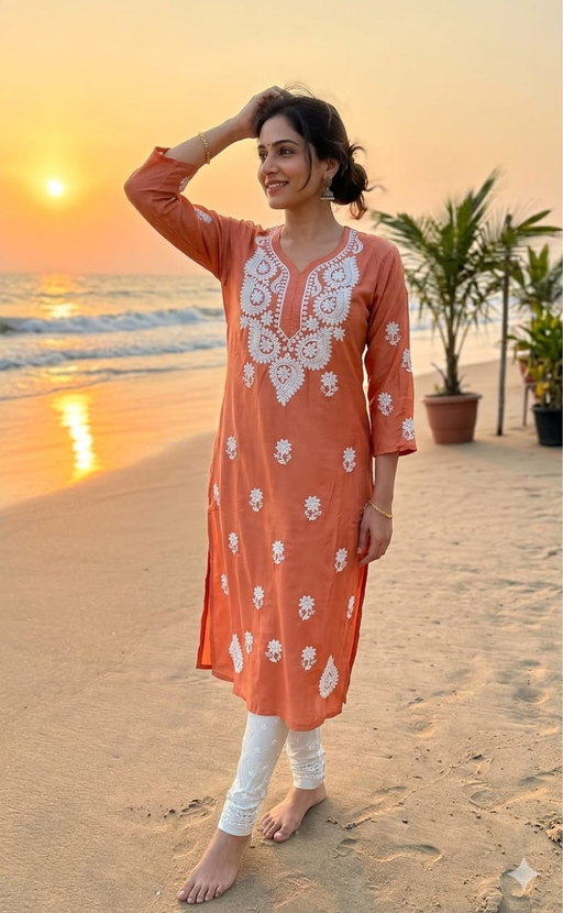 Peach Chikankari Kurti. Flowy Rayon Fabric. | Laces and Frills - Laces and Frills