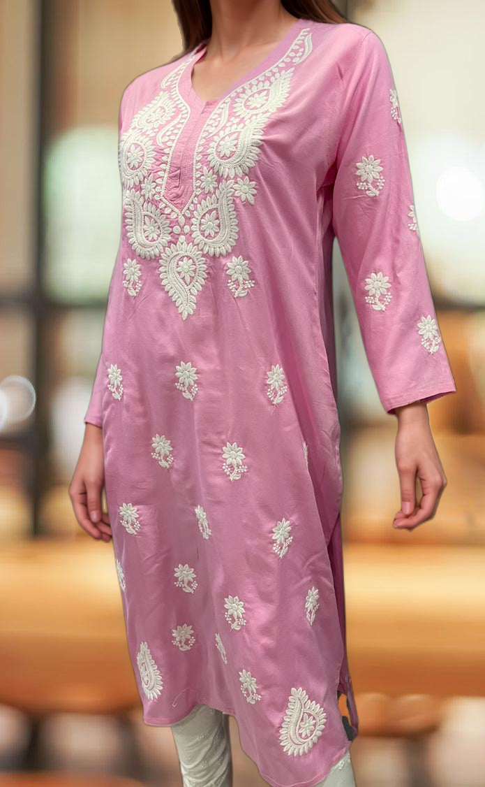 Baby Pink Chikankari Kurti. Flowy Rayon Fabric. | Laces and Frills - Laces and Frills