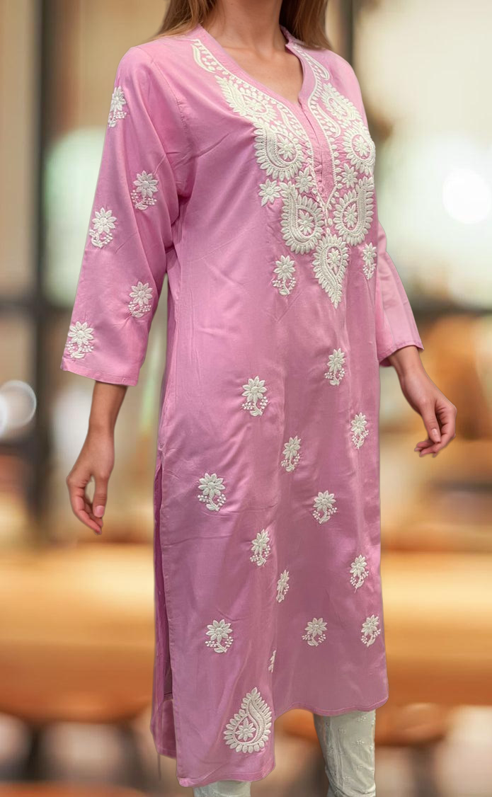 Baby Pink Chikankari Kurti. Flowy Rayon Fabric. | Laces and Frills - Laces and Frills