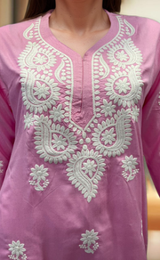 Baby Pink Chikankari Kurti. Flowy Rayon Fabric. | Laces and Frills - Laces and Frills