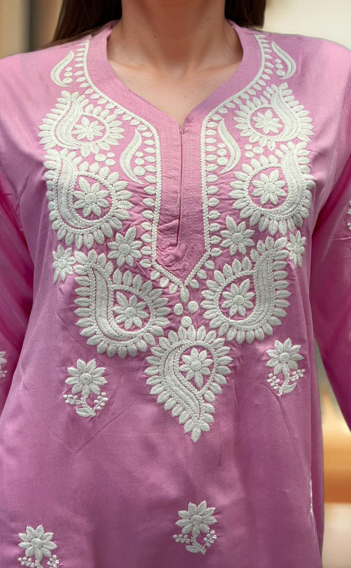 Baby Pink Chikankari Kurti. Flowy Rayon Fabric. | Laces and Frills - Laces and Frills