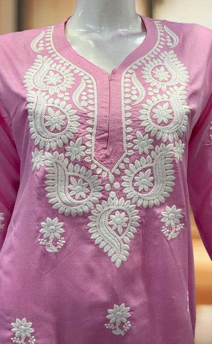 Baby Pink Chikankari Kurti. Flowy Rayon Fabric. | Laces and Frills - Laces and Frills