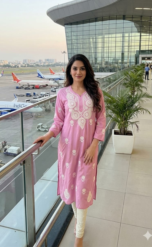 Baby Pink Chikankari Kurti. Flowy Rayon Fabric. | Laces and Frills - Laces and Frills