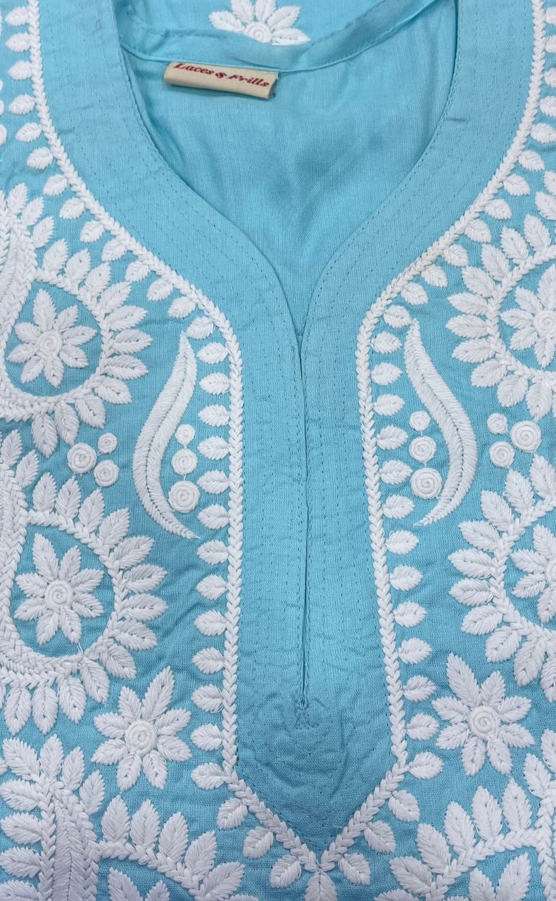 Sky Blue Chikankari Kurti. Flowy Rayon Fabric. | Laces and Frills - Laces and Frills