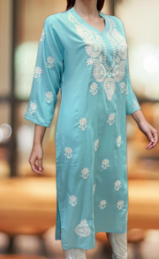 Sky Blue Chikankari Kurti. Flowy Rayon Fabric. | Laces and Frills - Laces and Frills