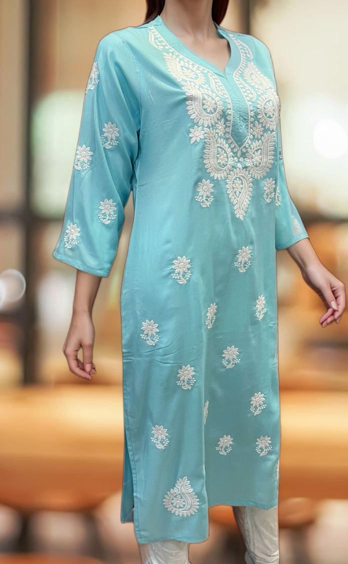Sky Blue Chikankari Kurti. Flowy Rayon Fabric. | Laces and Frills - Laces and Frills