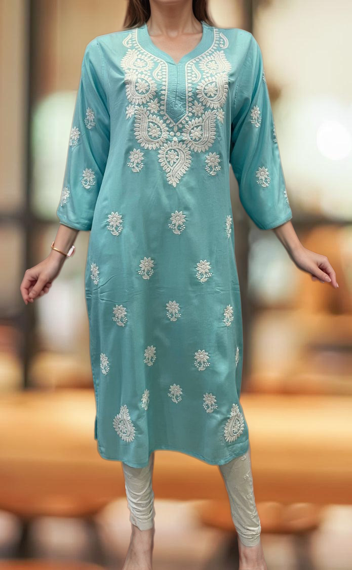 Sky Blue Chikankari Kurti. Flowy Rayon Fabric. | Laces and Frills - Laces and Frills