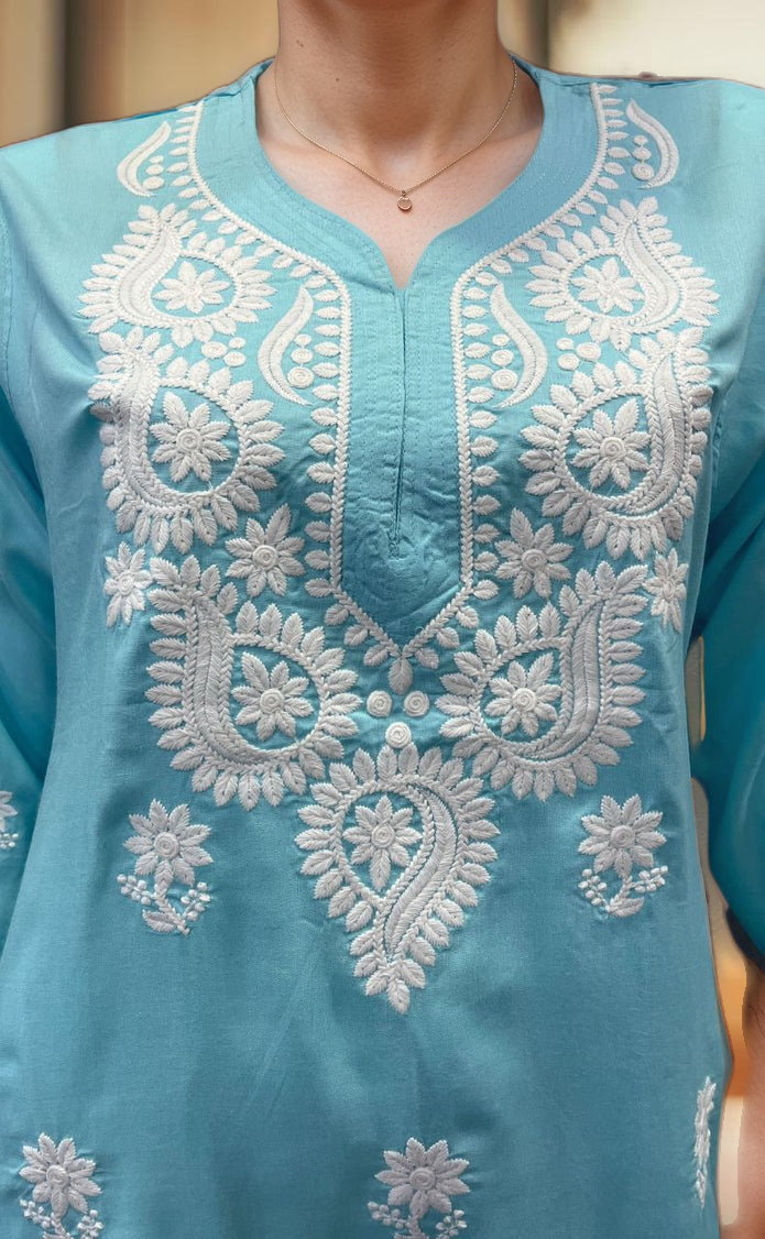 Sky Blue Chikankari Kurti. Flowy Rayon Fabric. | Laces and Frills - Laces and Frills