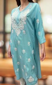 Sky Blue Chikankari Kurti. Flowy Rayon Fabric. | Laces and Frills - Laces and Frills