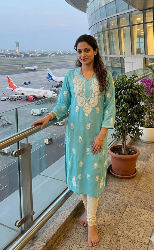 Sky Blue Chikankari Kurti. Flowy Rayon Fabric. | Laces and Frills - Laces and Frills