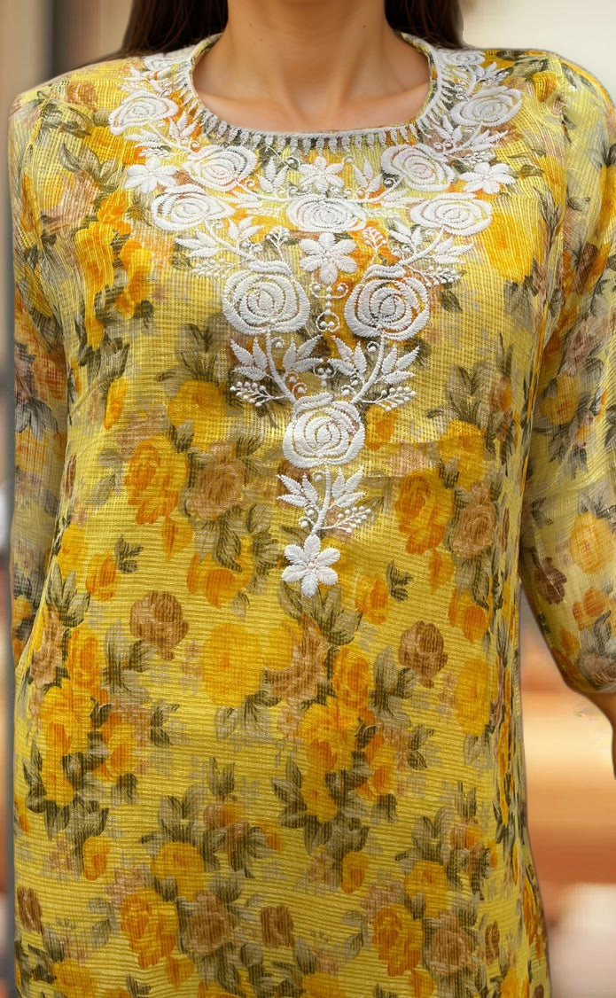 Yellow Chikankari Kurti. Kota Doria Fabric. | Laces and Frills - Laces and Frills