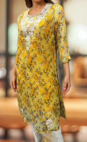 Yellow Chikankari Kurti. Kota Doria Fabric. | Laces and Frills - Laces and Frills