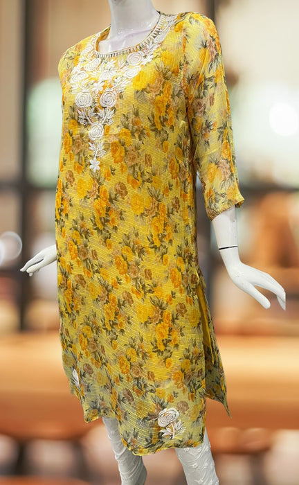 Yellow Chikankari Kurti. Kota Doria Fabric. | Laces and Frills - Laces and Frills