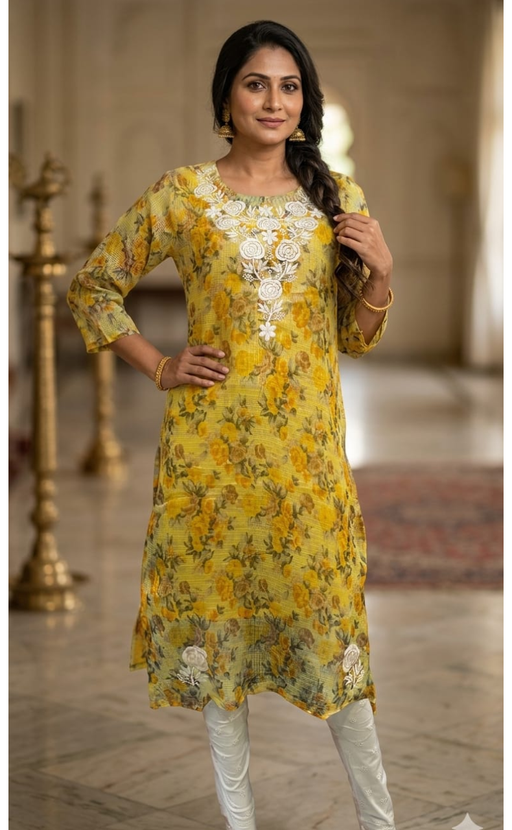 Yellow Chikankari Kurti. Kota Doria Fabric. | Laces and Frills - Laces and Frills
