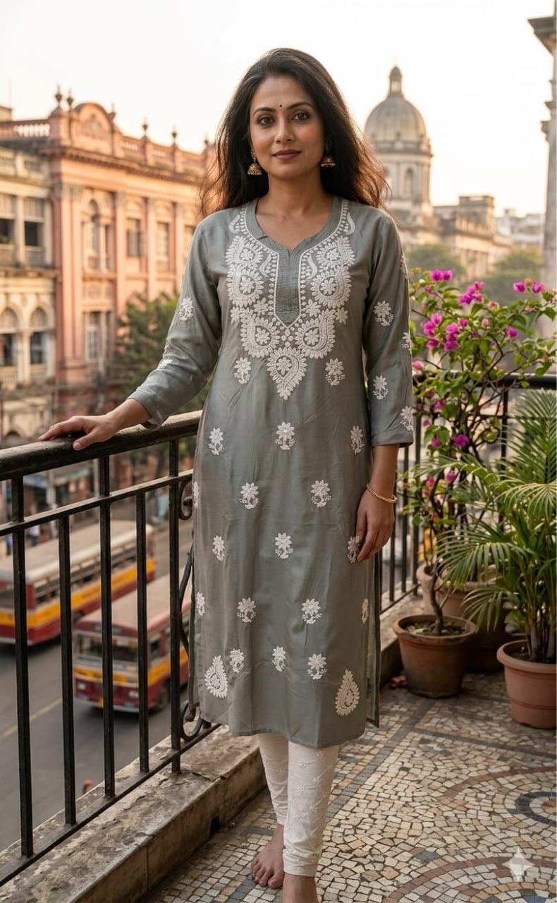 Grey Chikankari Kurti. Flowy Rayon Fabric. | Laces and Frills - Laces and Frills