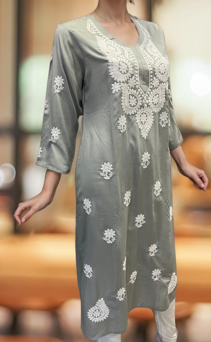 Grey Chikankari Kurti. Flowy Rayon Fabric. | Laces and Frills - Laces and Frills