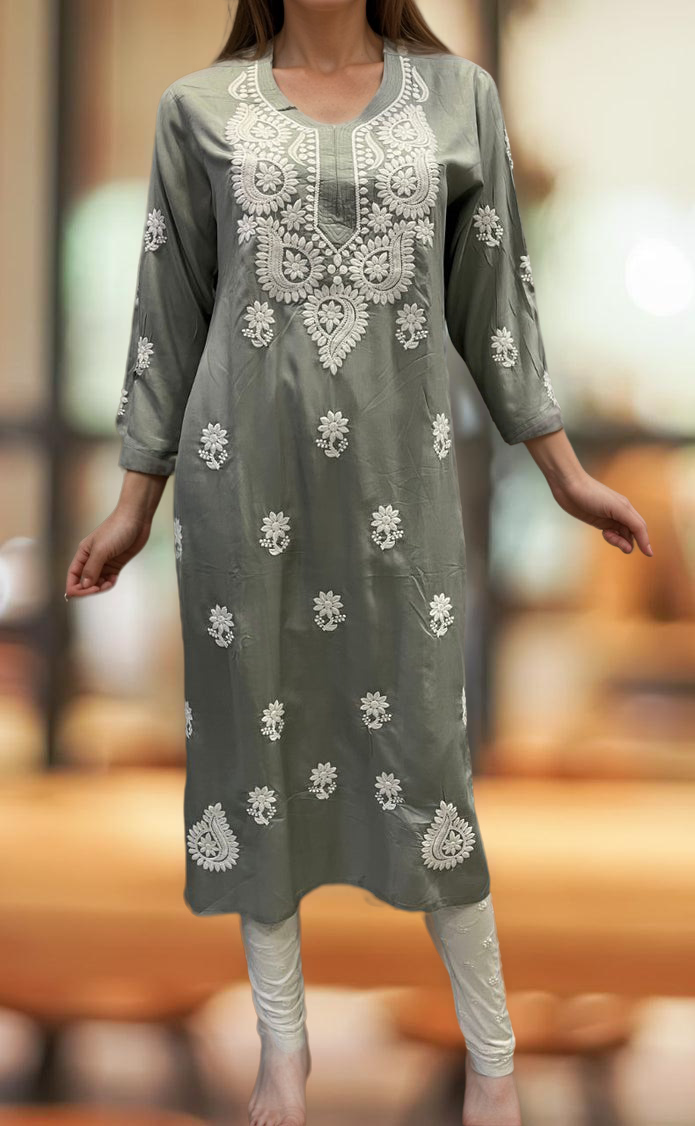 Grey Chikankari Kurti. Flowy Rayon Fabric. | Laces and Frills - Laces and Frills