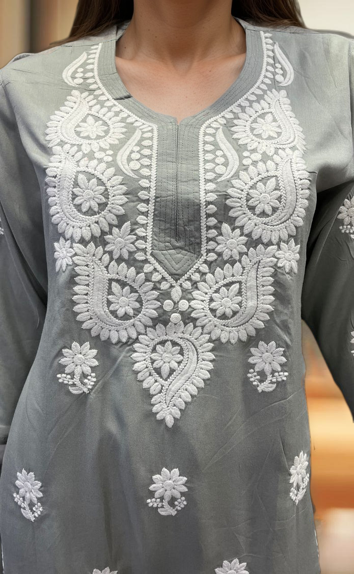 Grey Chikankari Kurti. Flowy Rayon Fabric. | Laces and Frills - Laces and Frills