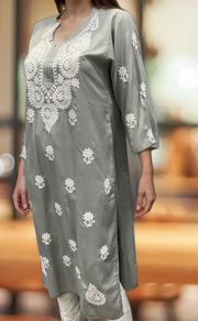 Grey Chikankari Kurti. Flowy Rayon Fabric. | Laces and Frills - Laces and Frills