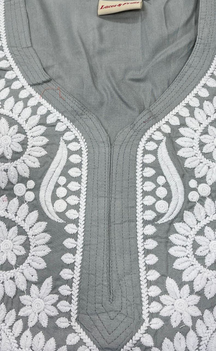 Grey Chikankari Kurti. Flowy Rayon Fabric. | Laces and Frills - Laces and Frills