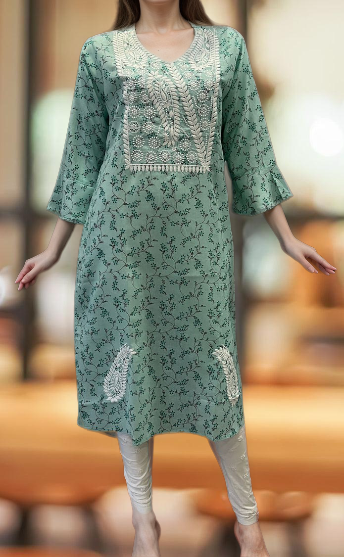 Sky Blue Machine Chikankari Kurti.  Versatile Cotton Fabric. | Laces and Frills - Laces and Frills