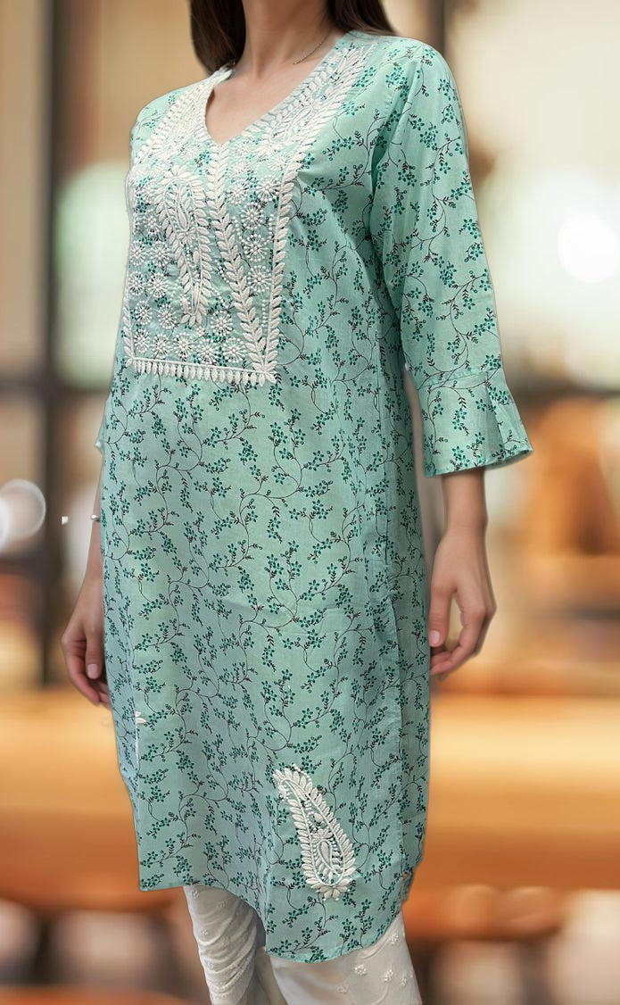 Sky Blue Machine Chikankari Kurti.  Versatile Cotton Fabric. | Laces and Frills - Laces and Frills