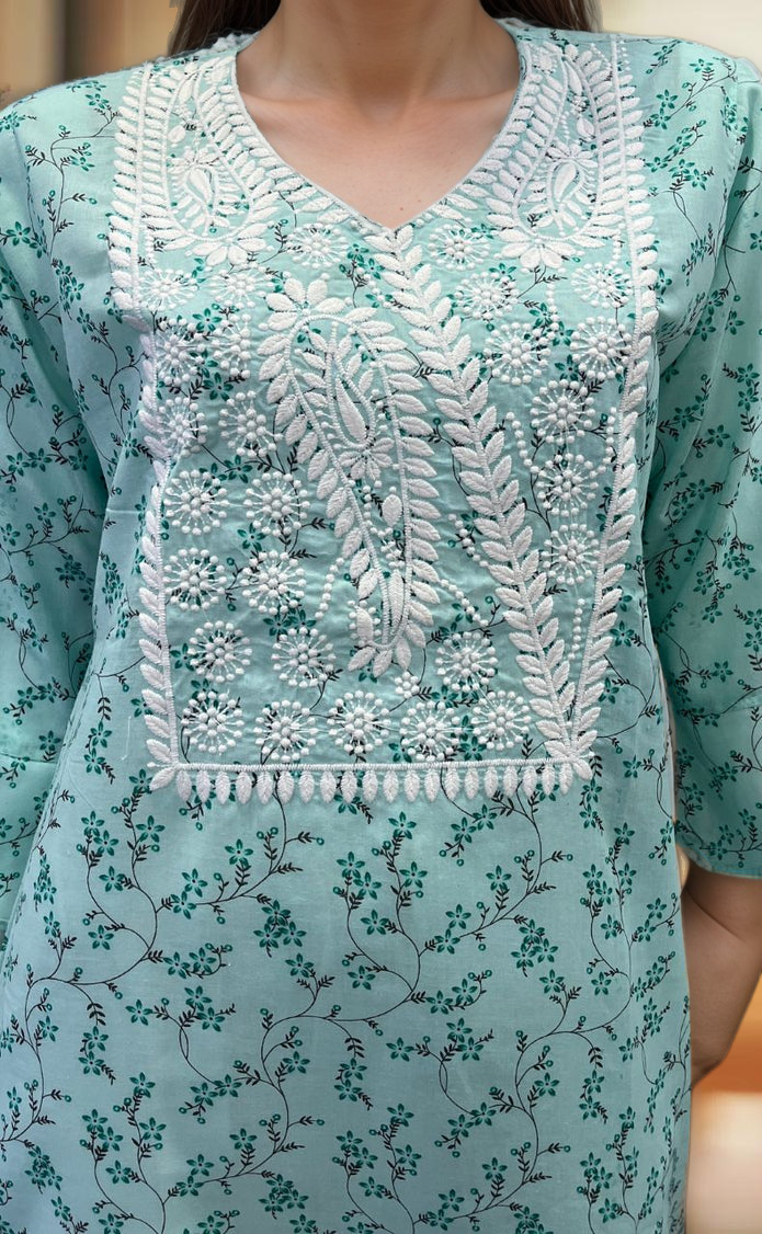 Sky Blue Machine Chikankari Kurti.  Versatile Cotton Fabric. | Laces and Frills - Laces and Frills