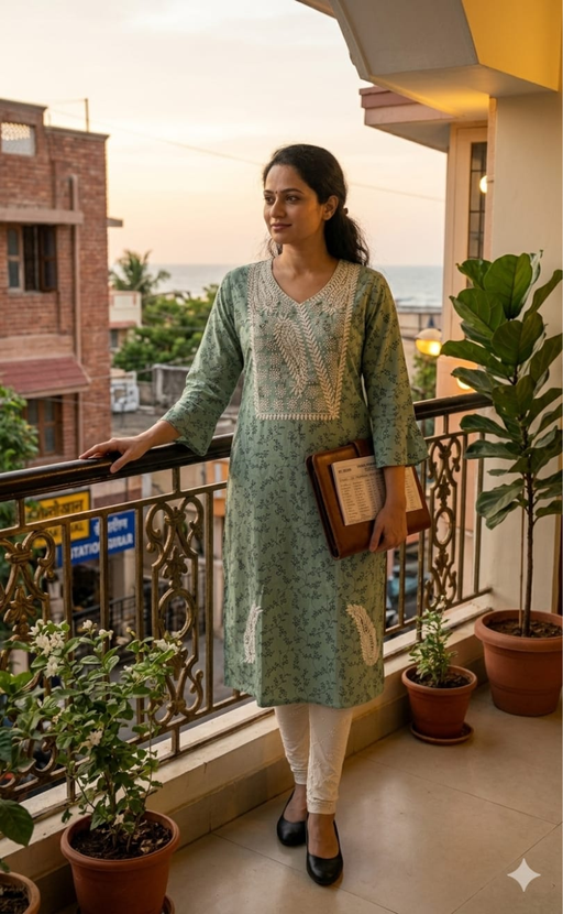 Sky Blue Machine Chikankari Kurti.  Versatile Cotton Fabric. | Laces and Frills - Laces and Frills