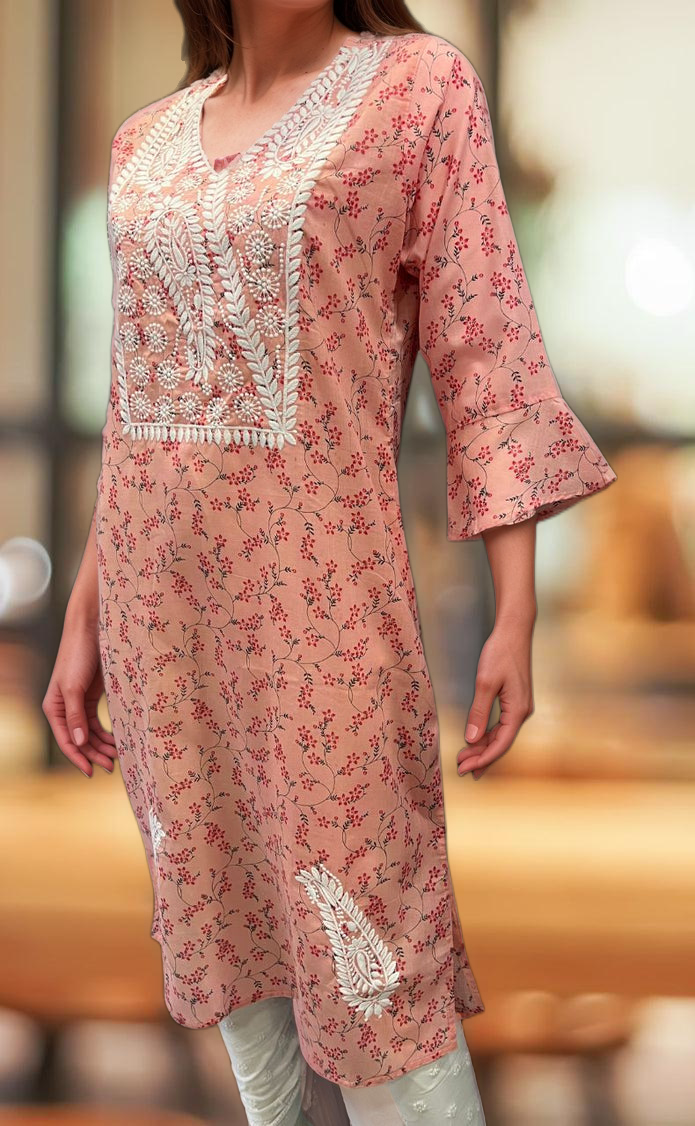 Pink Machine Chikankari Kurti.  Versatile Cotton Fabric. | Laces and Frills - Laces and Frills