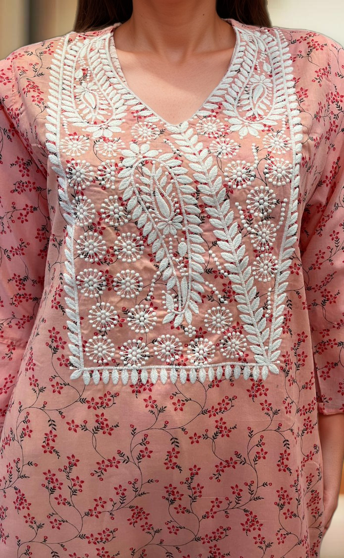 Pink Machine Chikankari Kurti.  Versatile Cotton Fabric. | Laces and Frills - Laces and Frills