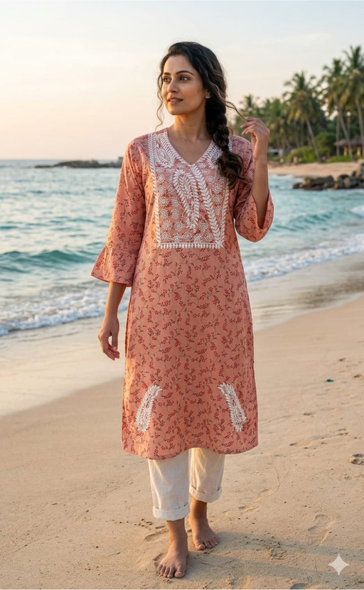 Pink Machine Chikankari Kurti.  Versatile Cotton Fabric. | Laces and Frills - Laces and Frills