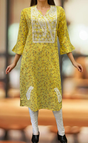 Yellow Machine Chikankari Kurti.  Versatile Cotton Fabric. | Laces and Frills - Laces and Frills