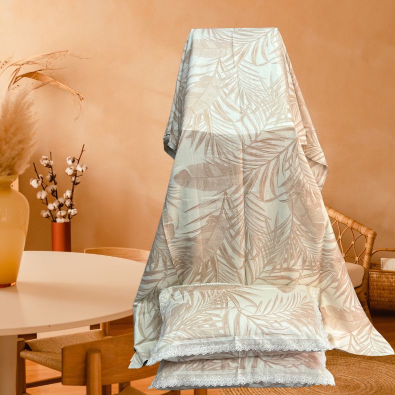 Off White/Peach Leafy White Lace Double Bedsheet with Lace Pillow Covers/108" x 108" - Laces and Frills