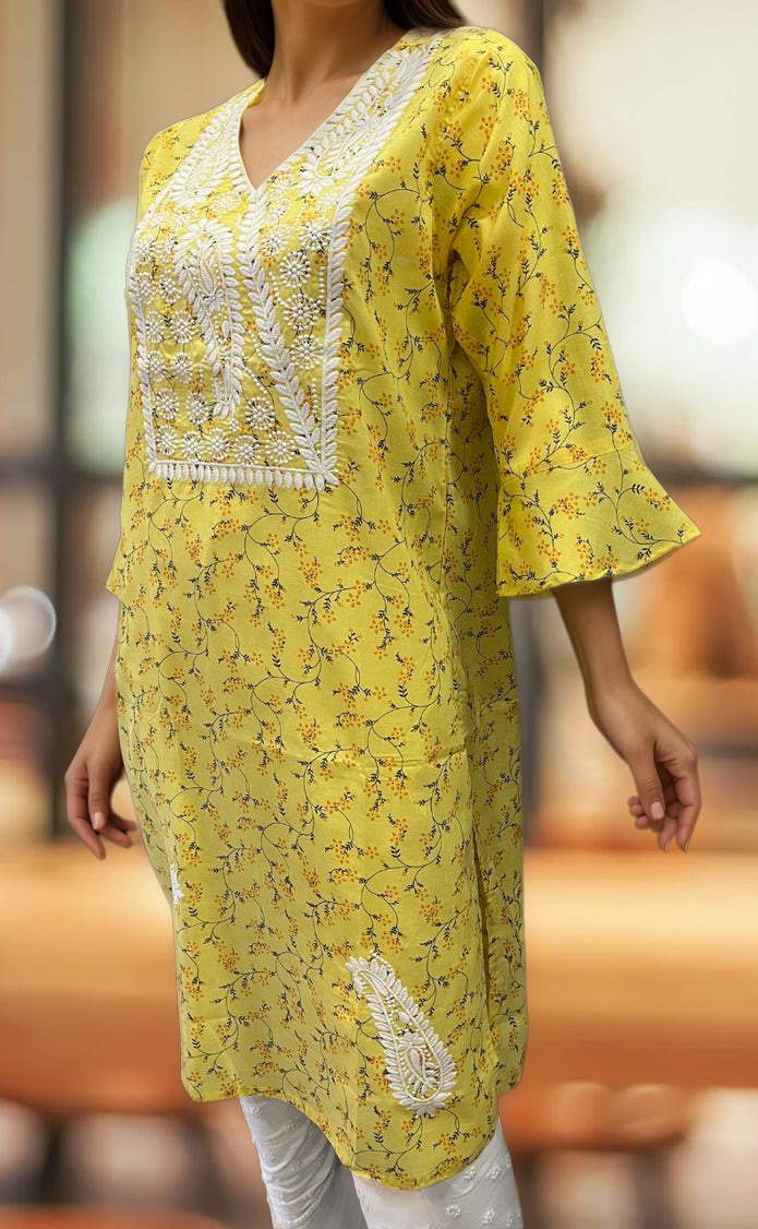 Yellow Machine Chikankari Kurti.  Versatile Cotton Fabric. | Laces and Frills - Laces and Frills