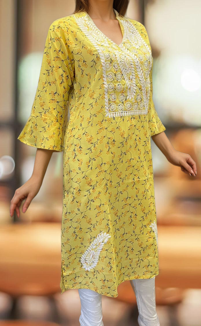 Yellow Machine Chikankari Kurti.  Versatile Cotton Fabric. | Laces and Frills - Laces and Frills
