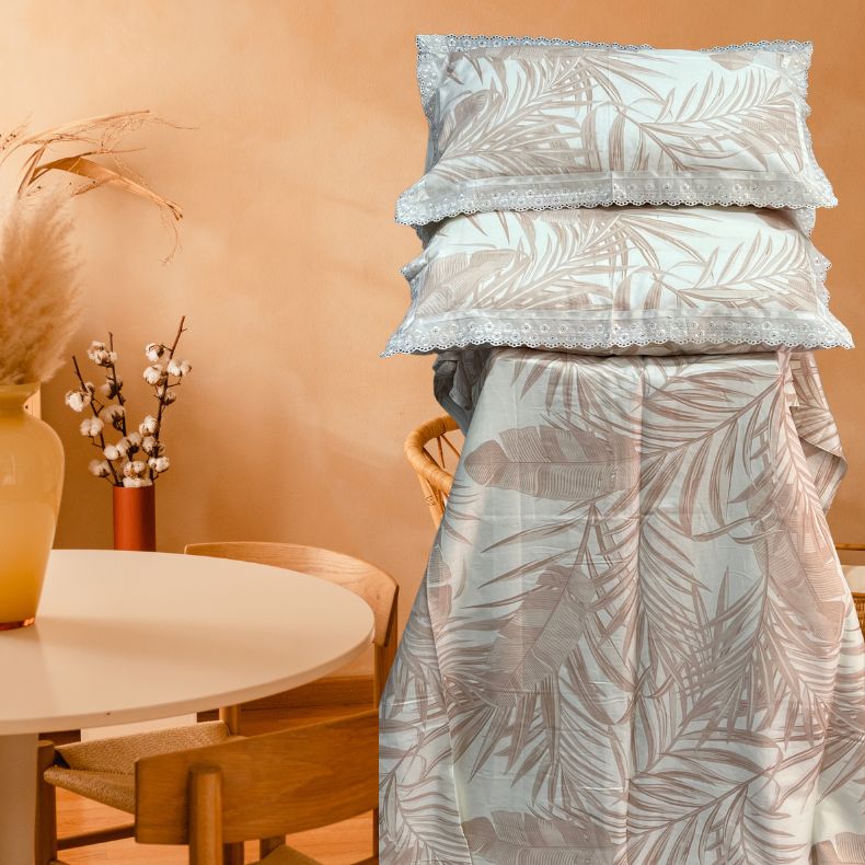 Off White/Peach Leafy White Lace Double Bedsheet with Lace Pillow Covers/108" x 108" - Laces and Frills