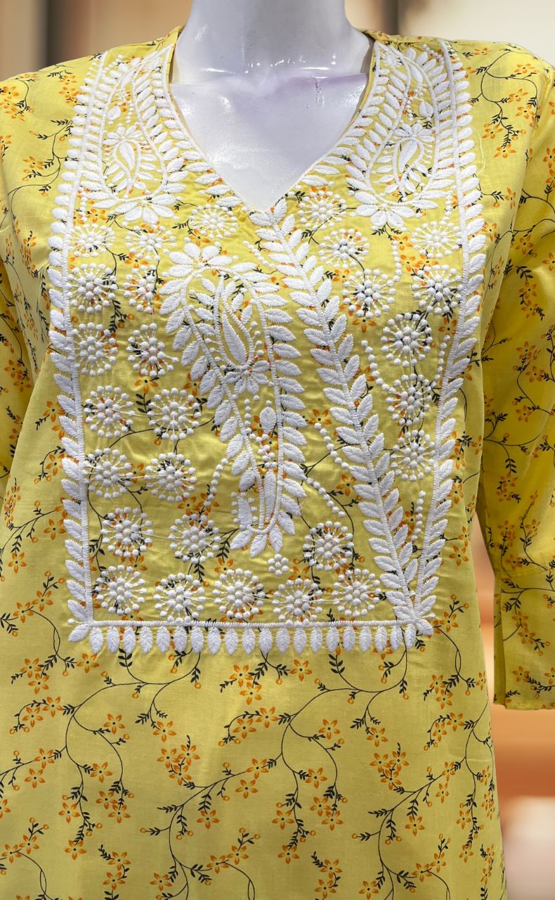 Yellow Machine Chikankari Kurti.  Versatile Cotton Fabric. | Laces and Frills - Laces and Frills