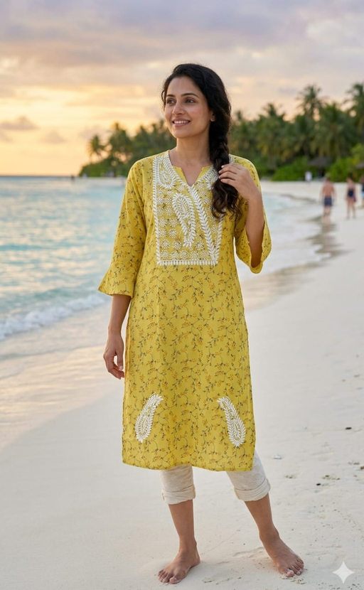 Yellow Machine Chikankari Kurti.  Versatile Cotton Fabric. | Laces and Frills - Laces and Frills