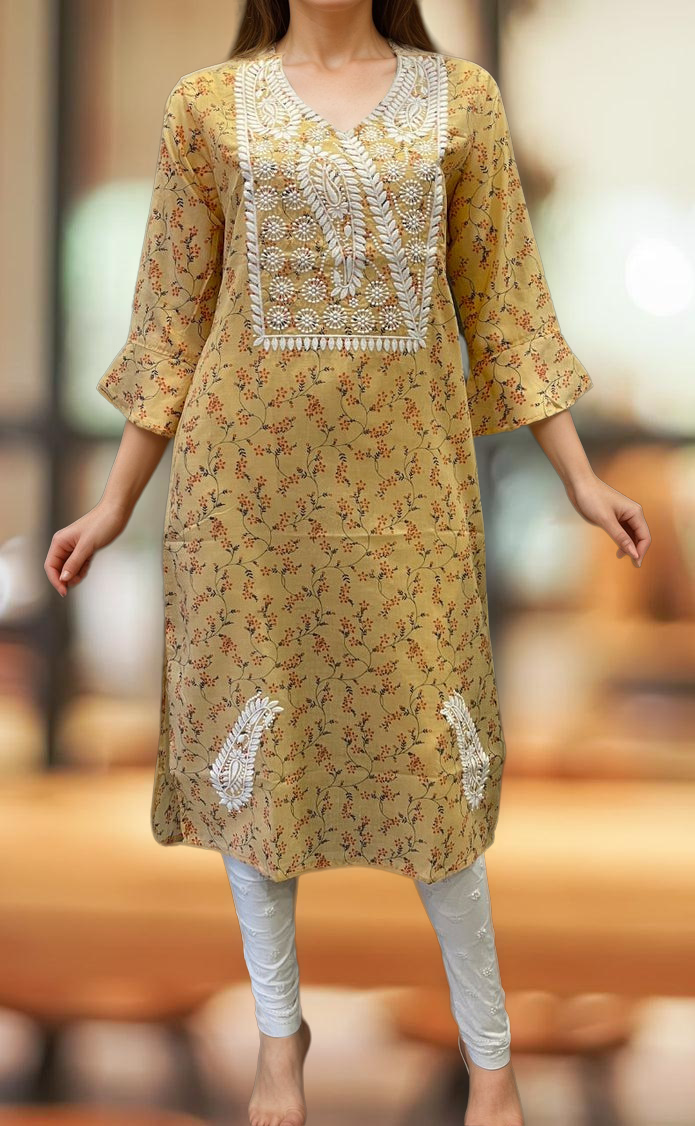 Peach Machine Chikankari Kurti.  Versatile Cotton Fabric. | Laces and Frills - Laces and Frills