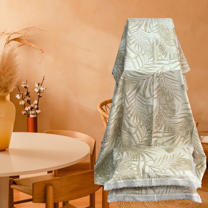 Off White/Brown Leafy White Lace Double Bedsheet with Lace Pillow Covers/108" x 108" - Laces and Frills