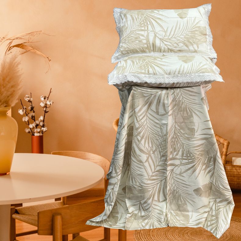 Off White/Brown Leafy White Lace Double Bedsheet with Lace Pillow Covers/108" x 108" - Laces and Frills