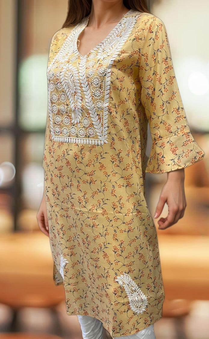 Peach Machine Chikankari Kurti.  Versatile Cotton Fabric. | Laces and Frills - Laces and Frills