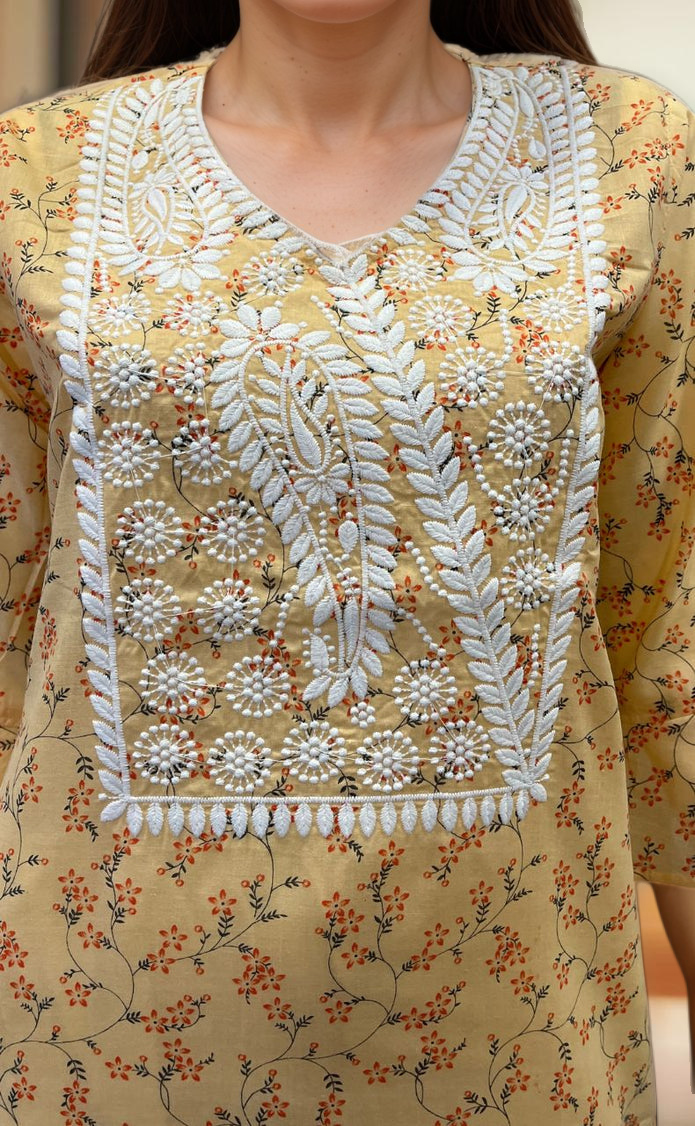 Peach Machine Chikankari Kurti.  Versatile Cotton Fabric. | Laces and Frills - Laces and Frills