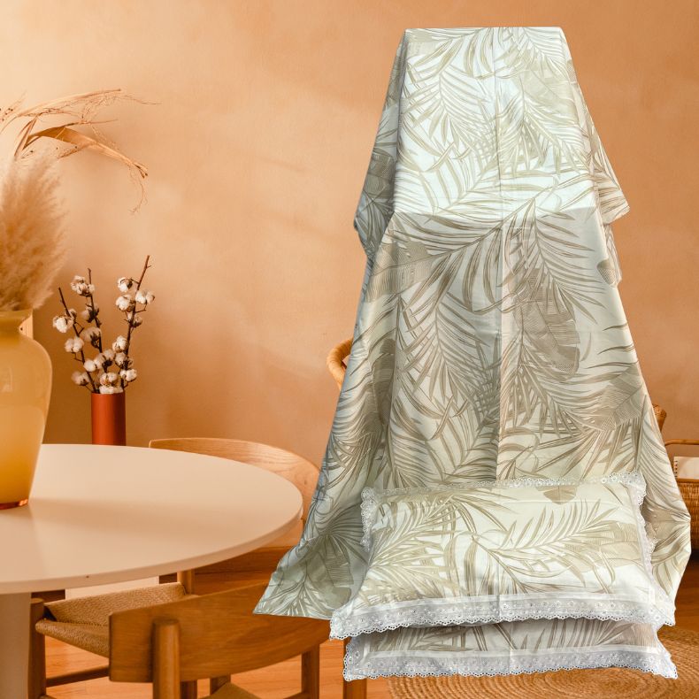 Off White/Brown Leafy White Lace Double Bedsheet with Lace Pillow Covers/108" x 108" - Laces and Frills