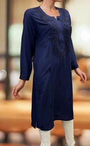 Navy Blue Chikankari Kurti. Flowy Rayon Fabric. | Laces and Frills - Laces and Frills
