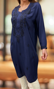 Navy Blue Chikankari Kurti. Flowy Rayon Fabric. | Laces and Frills - Laces and Frills