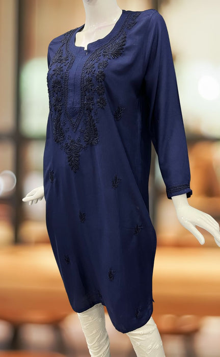 Navy Blue Chikankari Kurti. Flowy Rayon Fabric. | Laces and Frills - Laces and Frills