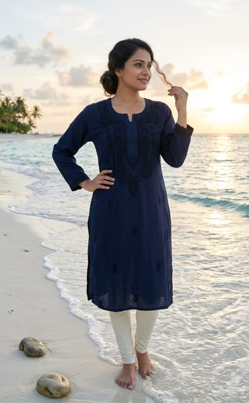 Navy Blue Chikankari Kurti. Flowy Rayon Fabric. | Laces and Frills - Laces and Frills