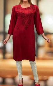 Red Chikankari Kurti. Flowy Rayon Fabric. | Laces and Frills - Laces and Frills