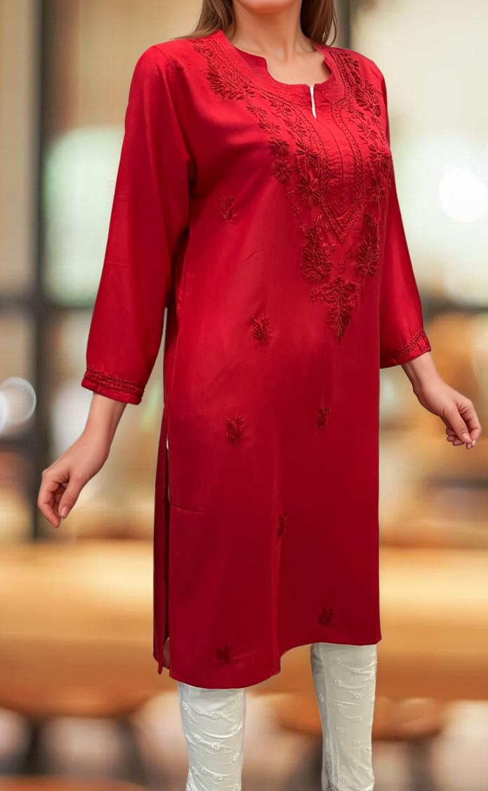 Red Chikankari Kurti. Flowy Rayon Fabric. | Laces and Frills - Laces and Frills